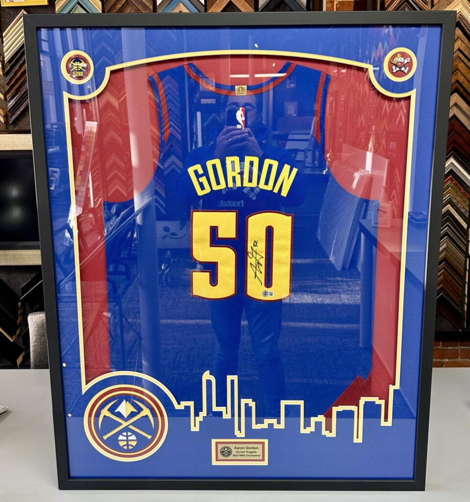 Custom framed Aaron Gordon signed Denver Nuggets jersey with skyline mat design