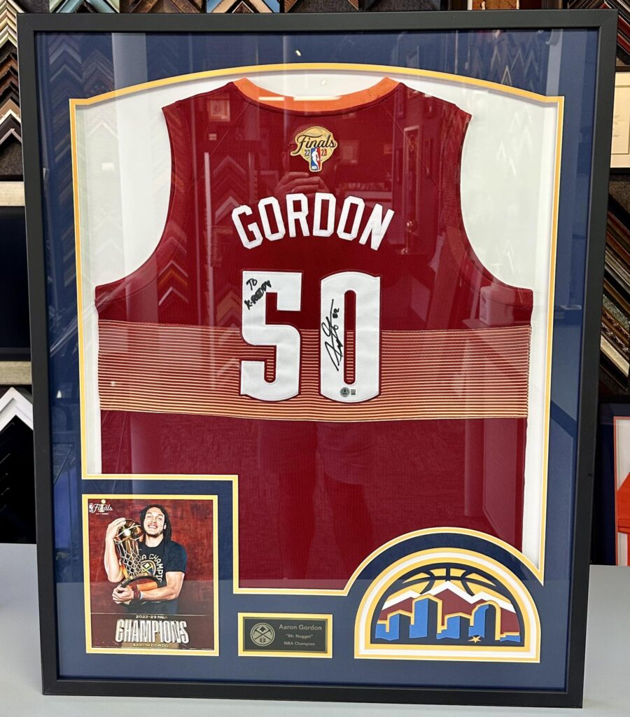 Custom framed Aaron Gordon NBA Finals signed jersey with decorative Denver Nuggets mat