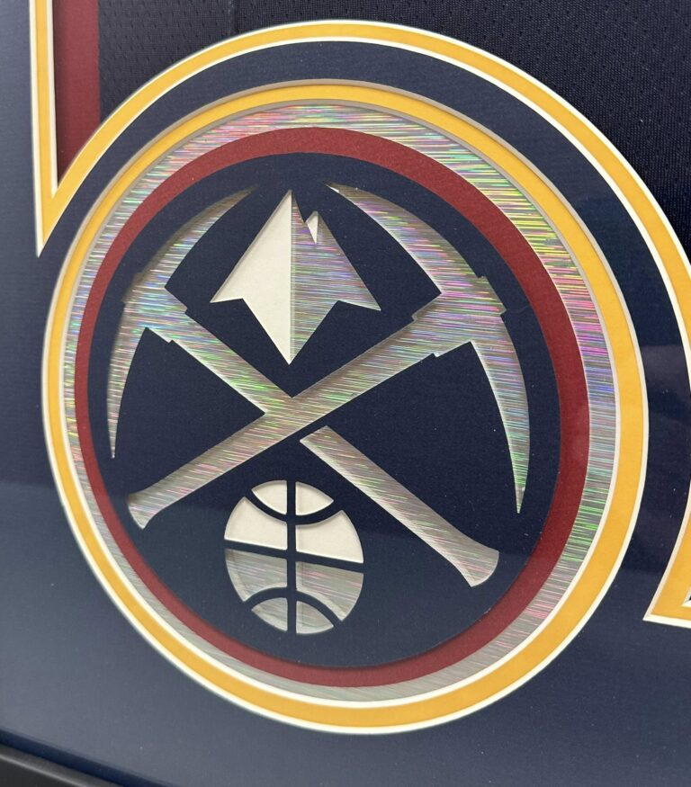 Custom Denver Nuggets crossed pickaxes logo mat with metallic finish