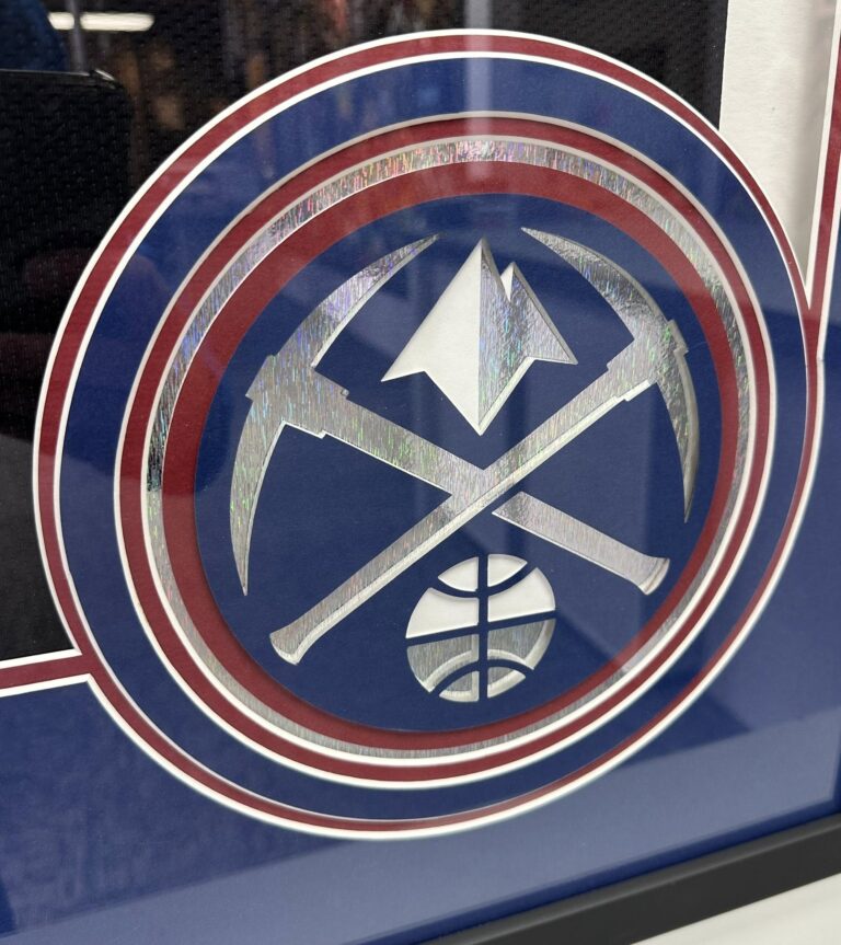 Custom Denver Nuggets crossed pickaxes logo mat with layered matting