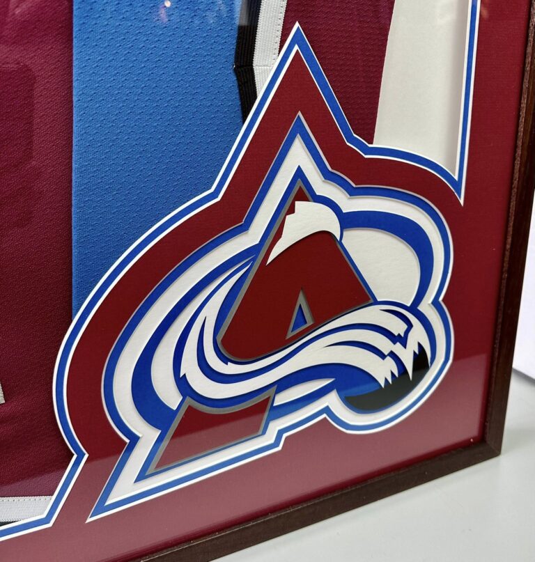 Custom Colorado Avalanche logo mat with layered computerized mat cutting