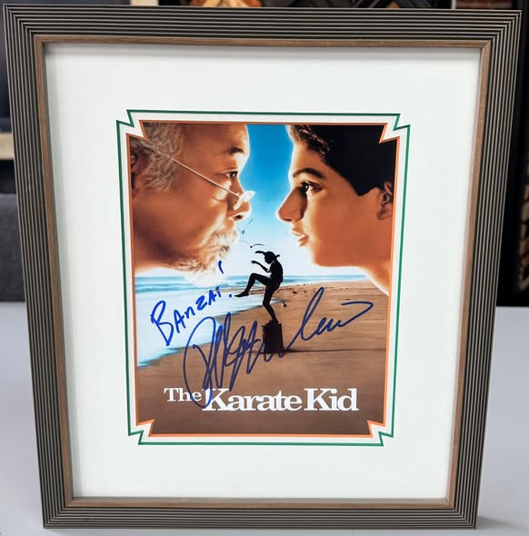 Custom framed signed Karate Kid movie poster with decorative double matting