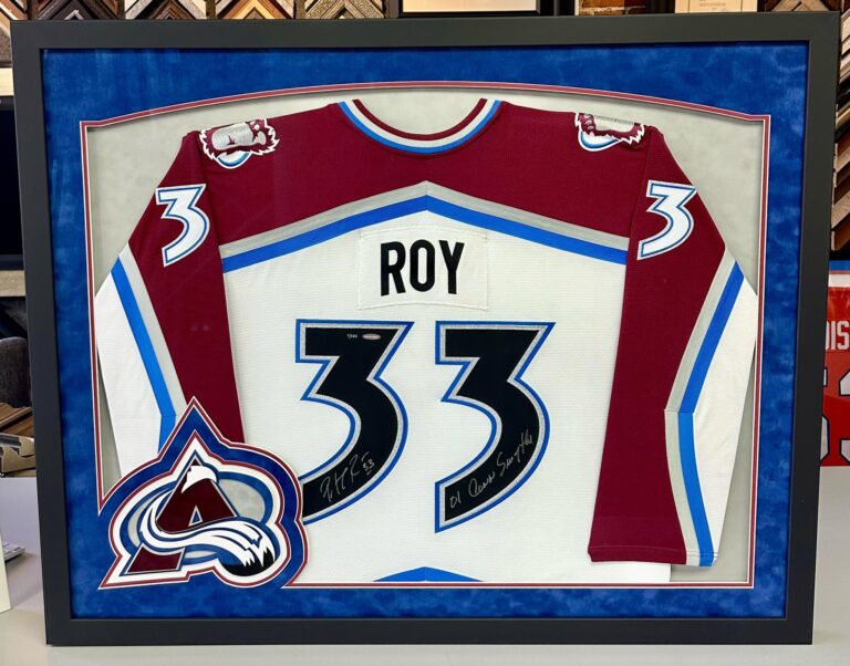 Custom framed Colorado Avalanche hockey jersey signed by Patrick Roy
