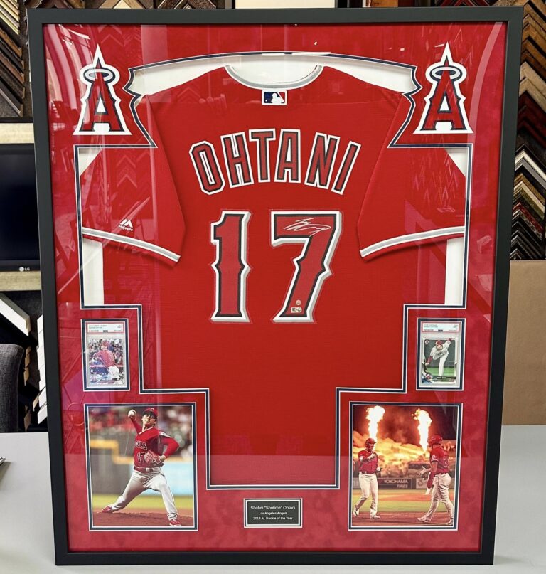 Custom framed Los Angeles Angels Shohei Ohtani jersey with trading cards and photos