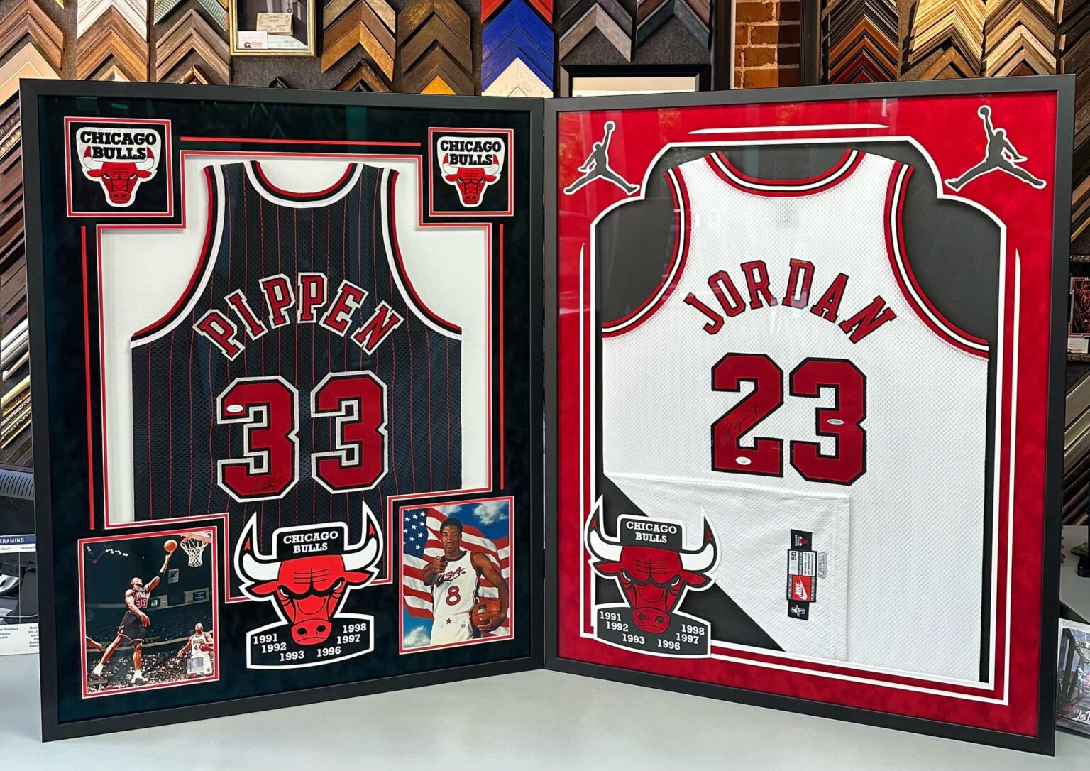 Custom framed Chicago Bulls Michael Jordan and Scottie Pippen jerseys with team logos and sports memorabilia
