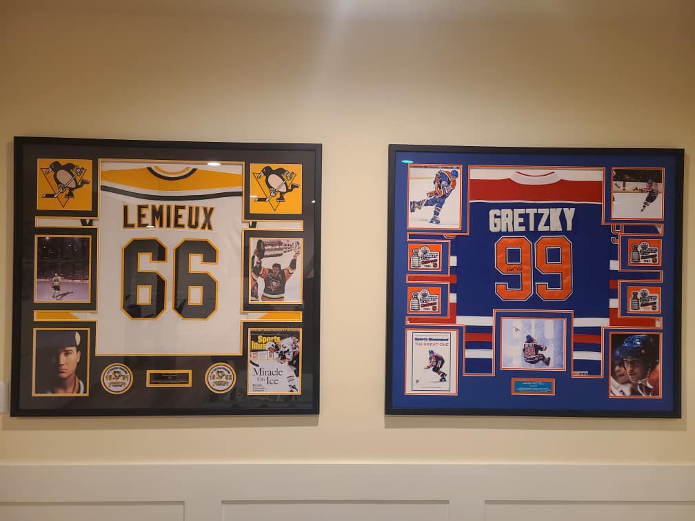 Custom framed Mario Lemieux and Wayne Gretzky hockey jerseys with photographs and sports memorabilia