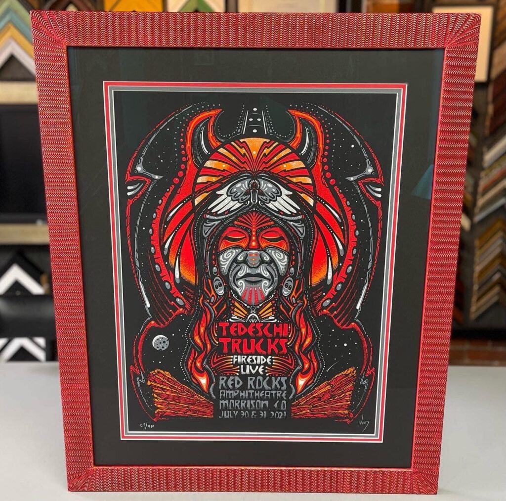 Custom framed Tedeschi Trucks Fireside Live Red Rocks limited-edition concert poster with double matting and a decorative red frame
