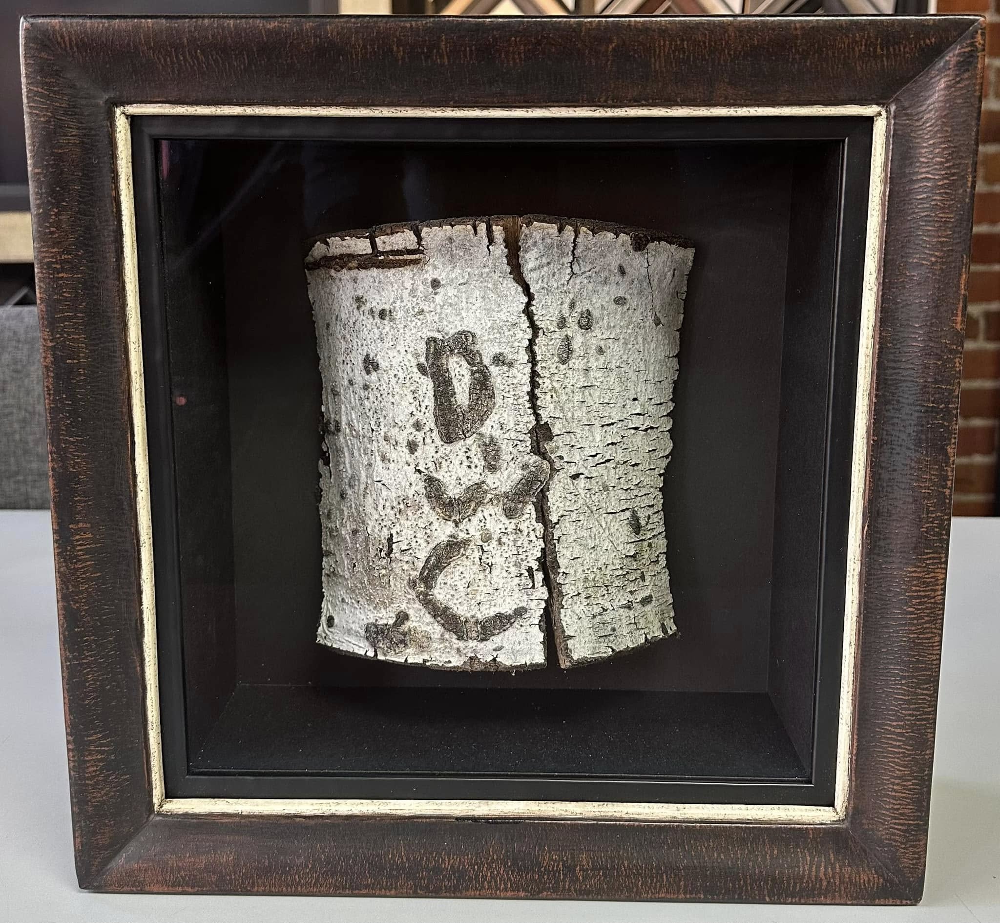 Custom shadowbox display featuring engraved tree bark artwork