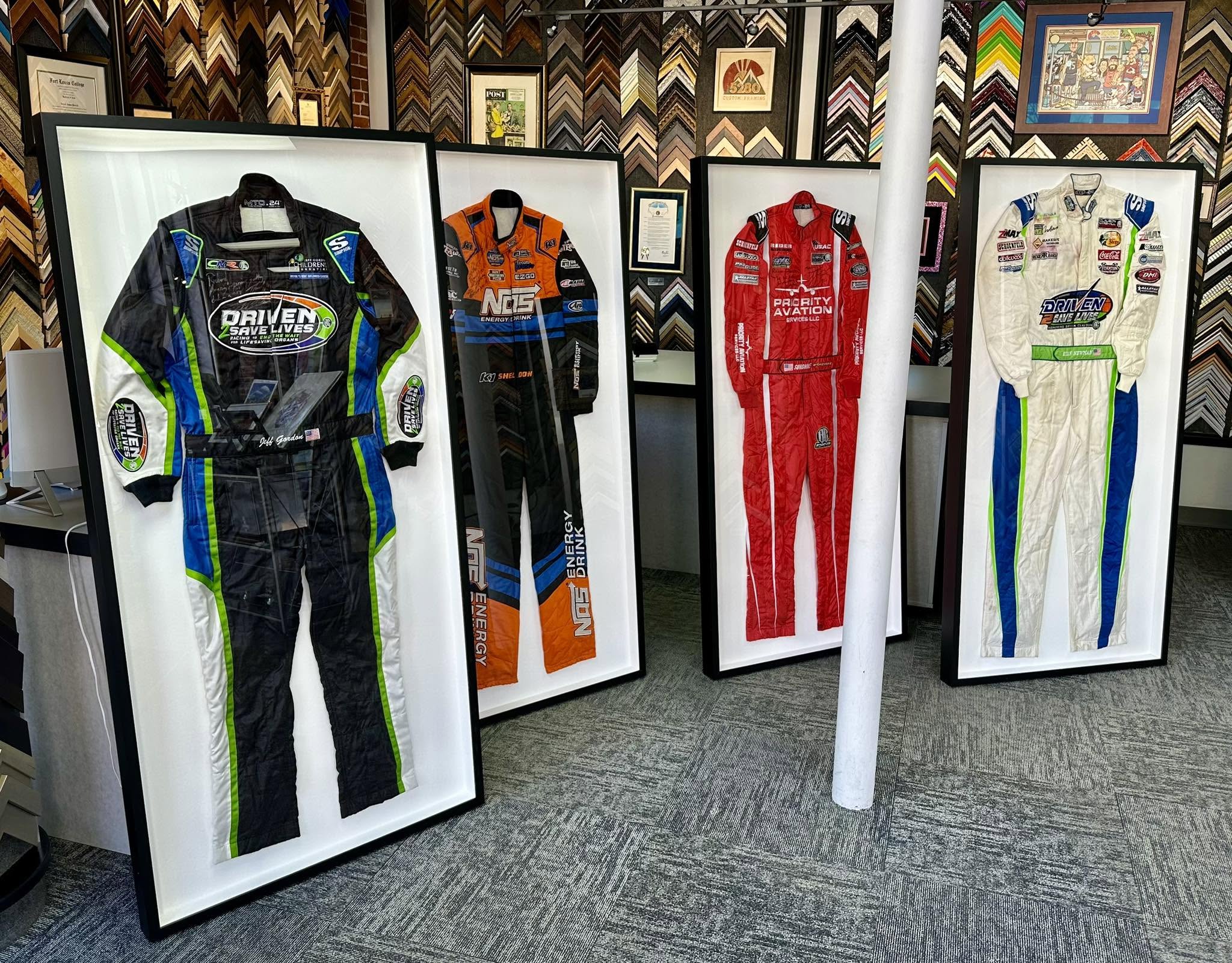 Custom sports memorabilia framing for racing suits and motorsports uniforms